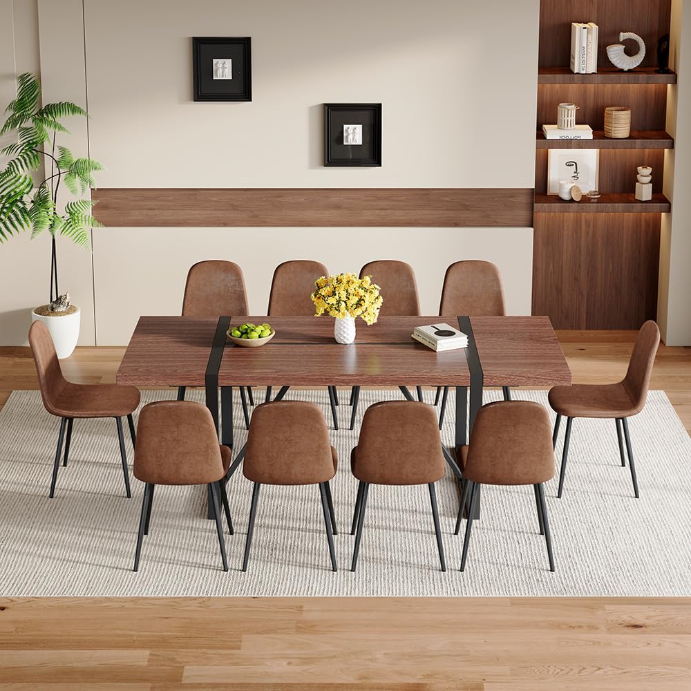 UELKS 86.6" Dining Table Set for 10, Modern 11 Piece Wood Kitchen Table and Chairs Set, Large Rectangle Dining Table with 10 Suede Upholstered Chairs, Perfect for Family Gatherings and Dining Room UELKS