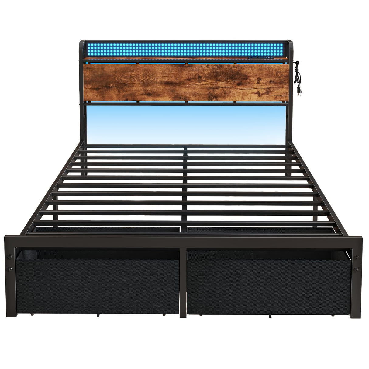Furnulem Queen Size Bed Frame with Headboard, Platform Bed Frame Queen Size with 2 Storage Drawers and Charging Station & LED Lights, No Box Spring Needed, Noise Free Furnulem