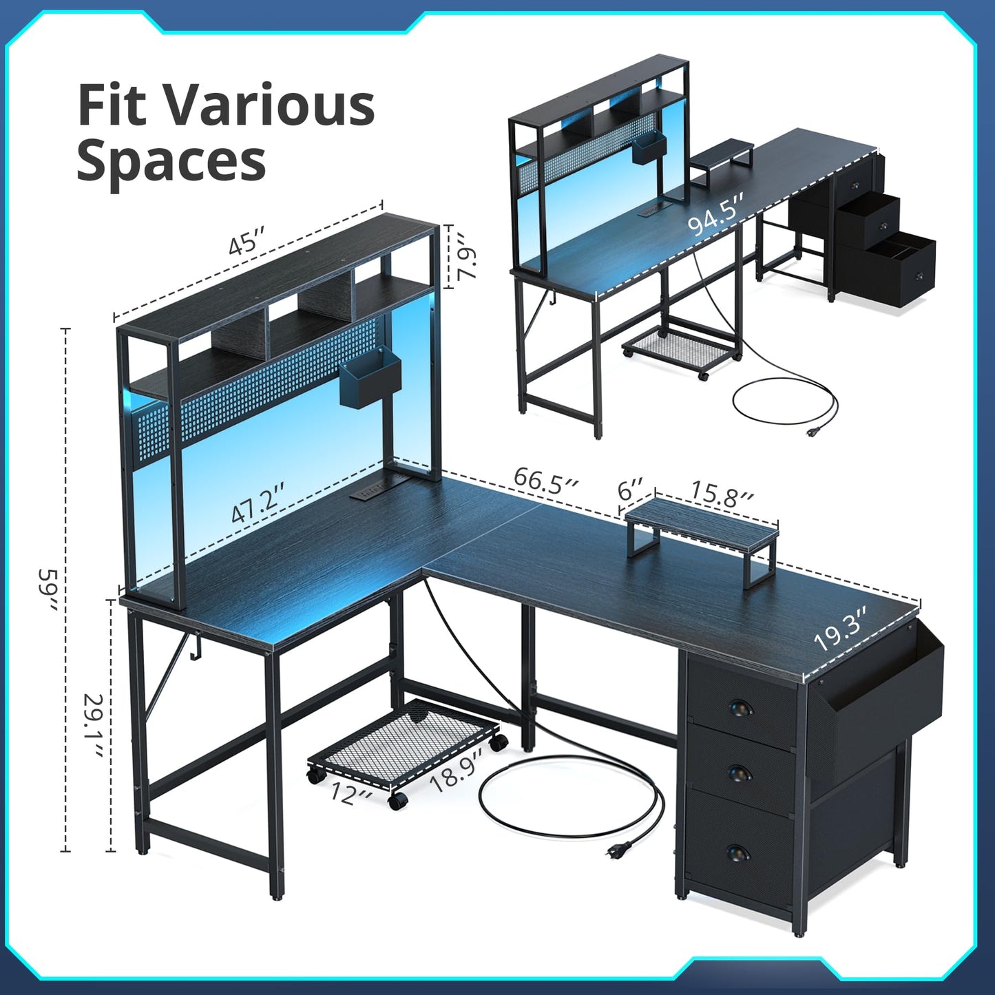 DOMICON L Shaped Gaming Desk 94.5 inch Computer Desk with Pegboard & Shelves & Drawers, Gaming Desk with Power Outlet & LED Strip & Monitor Stand & Mobile CPU Stand, Corner Deck for Home Offi - WoodArtSupply