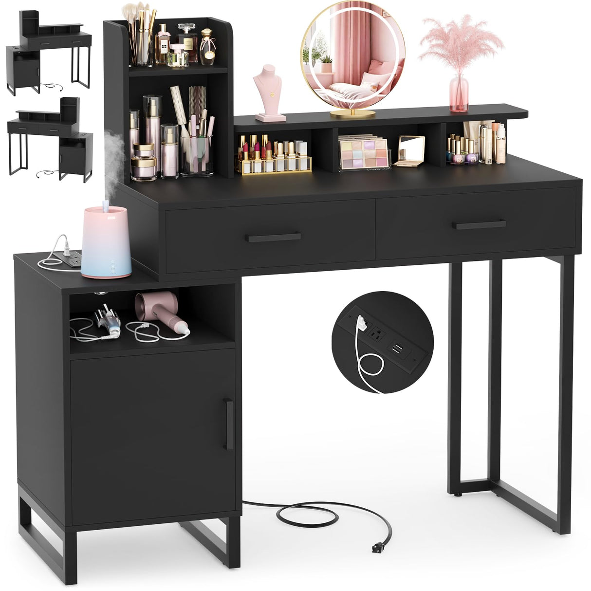 Besiost Vanity Desk, Small Vanity Desk with Power Outlet, Makeup Desk with Drawers and Cabinets, Vanity Set with Storage Shelves for Bedroom, No Mirror, White Besiost