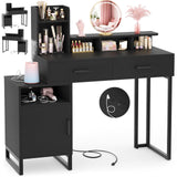 Besiost Vanity Desk, Small Vanity Desk with Power Outlet, Makeup Desk with Drawers and Cabinets, Vanity Set with Storage Shelves for Bedroom, No Mirror, White Besiost