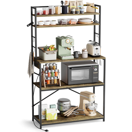 YESHOMY Kitchen Baker’s Rack with Power Outlet, 5-Tier Microwave Stand, Coffee Bar with 8 S-Shaped Hooks, Heavy Duty Storage Shelf Unit for Spices, Pots, Rustic Brown YESHOMY