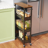 XYZLVSI Slim Storage Cart 4 Tier Narrow Kitchen Rolling Cart on Wheels for Small Space, Mobile Utility Cart Shelving Unit with Wooden Top and Metal Handle for Kitchen, Bathroom, Laundry Room XYZLVSI