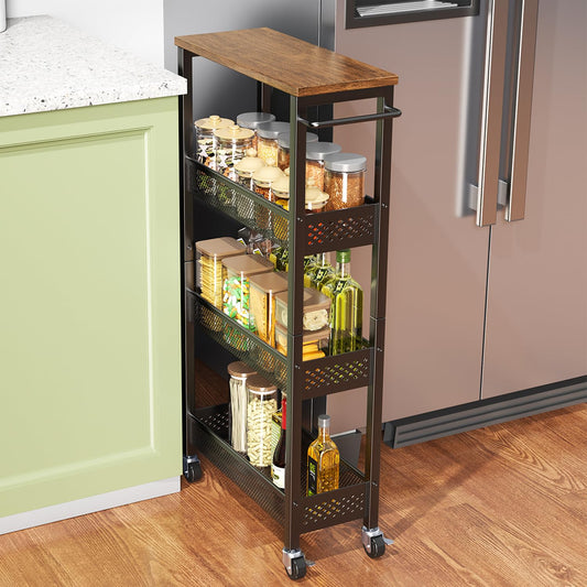 XYZLVSI Slim Storage Cart 4 Tier Narrow Kitchen Rolling Cart on Wheels for Small Space, Mobile Utility Cart Shelving Unit with Wooden Top and Metal Handle for Kitchen, Bathroom, Laundry Room