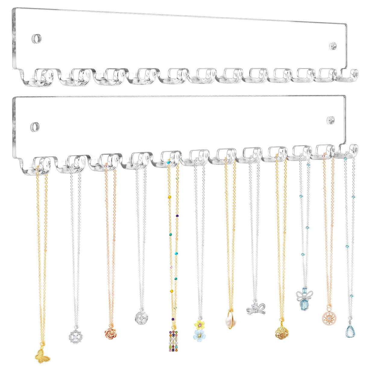 milylove Acrylic Necklace Holder 2 Pack Wall Mounted Necklace Organizer Hanging Jewelry Organizer with 12 Hooks for Necklaces, Bracelets, Rings and Bangles Display milylove
