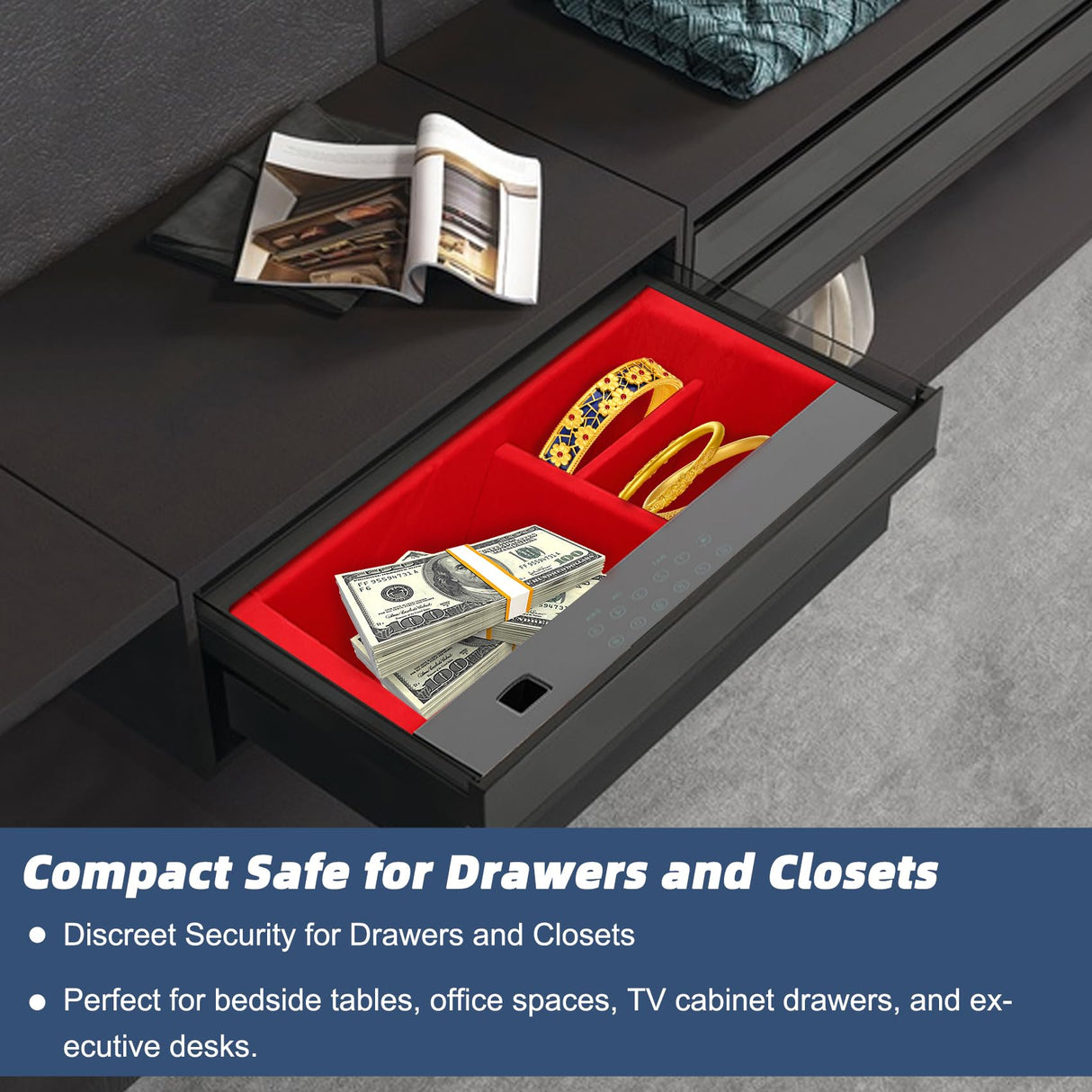 Biometric Hidden Gun Safe, Drawer Safe with Silent Slide, Reinforced Steel Construction, Ideal for Nightstand, Closet Drawer, TV Cabinet Gopper