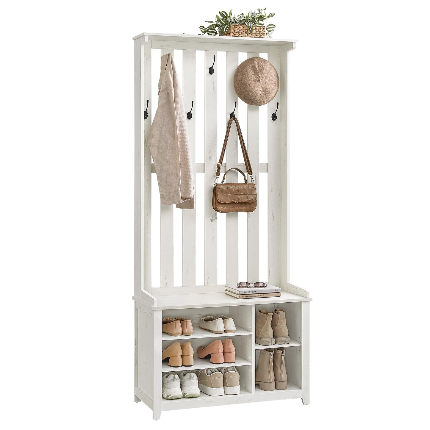 VASAGLE Hall Tree with Bench and Shoe Storage, Coat Rack with Shoe Bench, 7 Double Hooks for Jackets, Hats, Entryway, Bedroom, Living Room, 13.8 x 31.9 x 70.9 Inches, Rustic White UHSR414W01