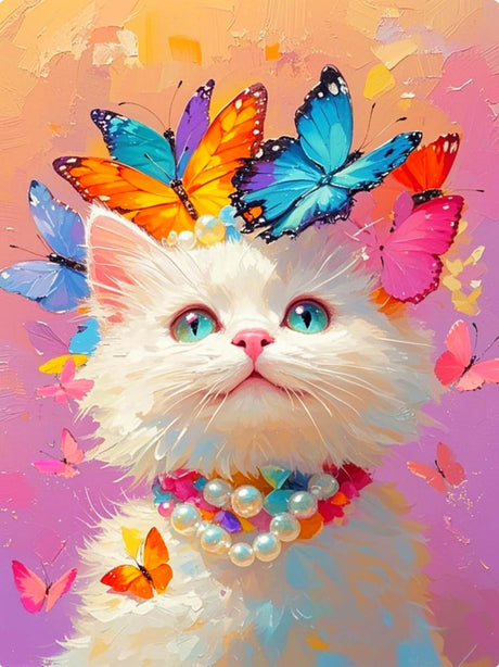 PINFFSHU 5D Diamond Painting Kit for Adults Beginners - Adorable Cat & Colorful Butterflies DIY Full Drill Art, Sparkling Gem Dots Animal Wall Decor 12x16 Inch - Unique Gift for Women,Cat Lovers PINFFSHU