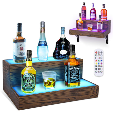 Wine Rack with LED Light Liquor Bottle Display Shelf Wall Mounted, 2 Tier Acrylic Illuminated Bar Bottle Display Floating Shelf for Home Commercial Bar Party BEARUT
