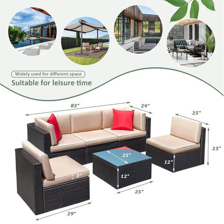 Devoko Patio Furniture Sets 6 Pieces Outdoor Sectional Rattan Sofa Manual Weaving Wicker Patio Conversation Set with Glass Table and Cushion (Beige) Devoko