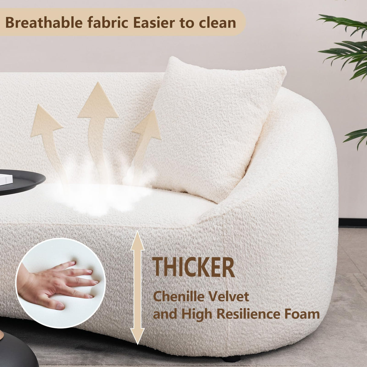 Minimalist Curved Sofa 3 Seater Boucle Teddy Velvet Fabric Upholstered Sofa, Tight Curved Back Velvet Cloud Sofa for Living Room Apartment Office (White+Teddy) mr.waiba