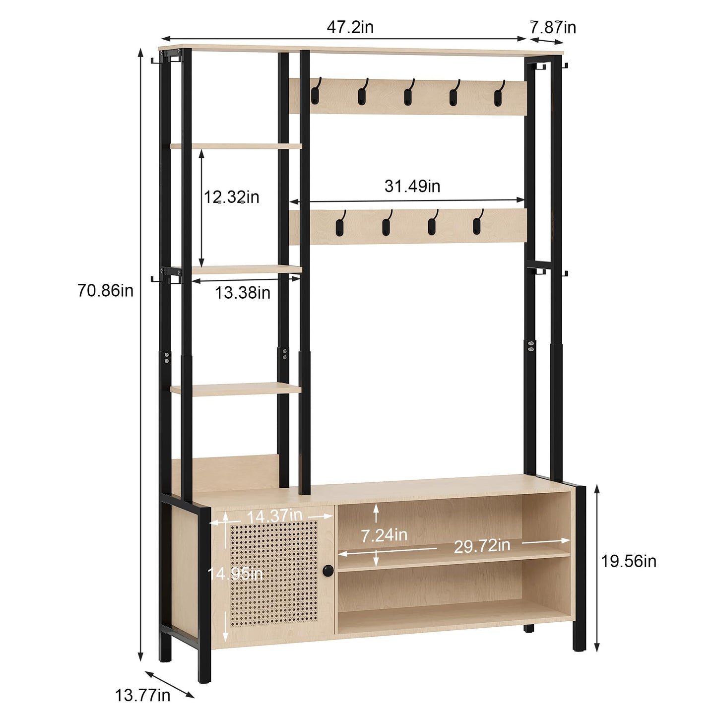 VECELO Hall Tree for Entryway, 5-in-1 Coat Rack with Bench Shoe Storage 2-Tier Storage Shelf, Coat Rack with 9 Hooks, Storage Shelves for Hallway Bedroom 47.2 x 13.78 x 70.87, Beige