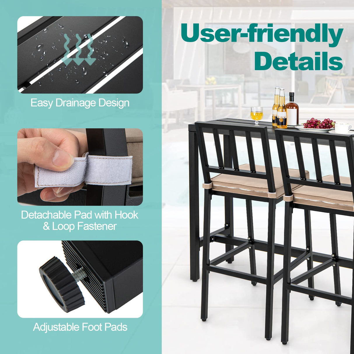 COSTWAY 3 Piece Outdoor Patio Bar Set, 48" Rectangular Pub Height High Top Bar Table with 2 Cushioned Bar Stools, Metal Bar Table and Chairs Set for Balcony, Backyard, Porch COSTWAY