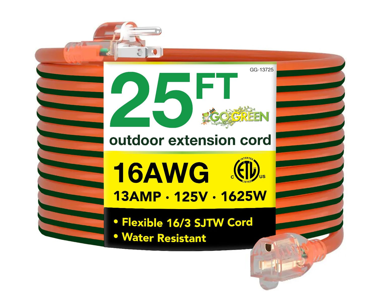 Go Green Power Inc. 16/3 25ft Outdoor Extension Cord with Lighted End - Contractor Grade, Durable, and Moisture Resistant - Ideal for Heavy Duty Tools - GG-13725 Power By GoGreen