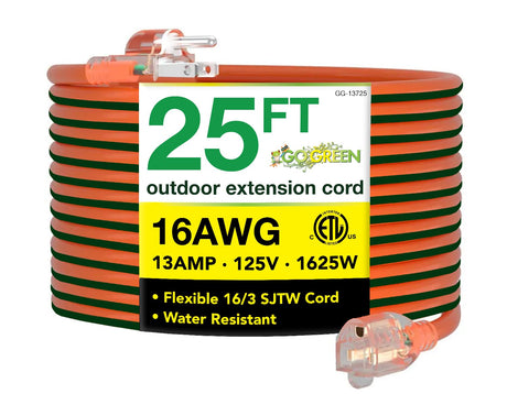 Go Green Power Inc. 16/3 25ft Outdoor Extension Cord with Lighted End - Contractor Grade, Durable, and Moisture Resistant - Ideal for Heavy Duty Tools - GG-13725 Power By GoGreen