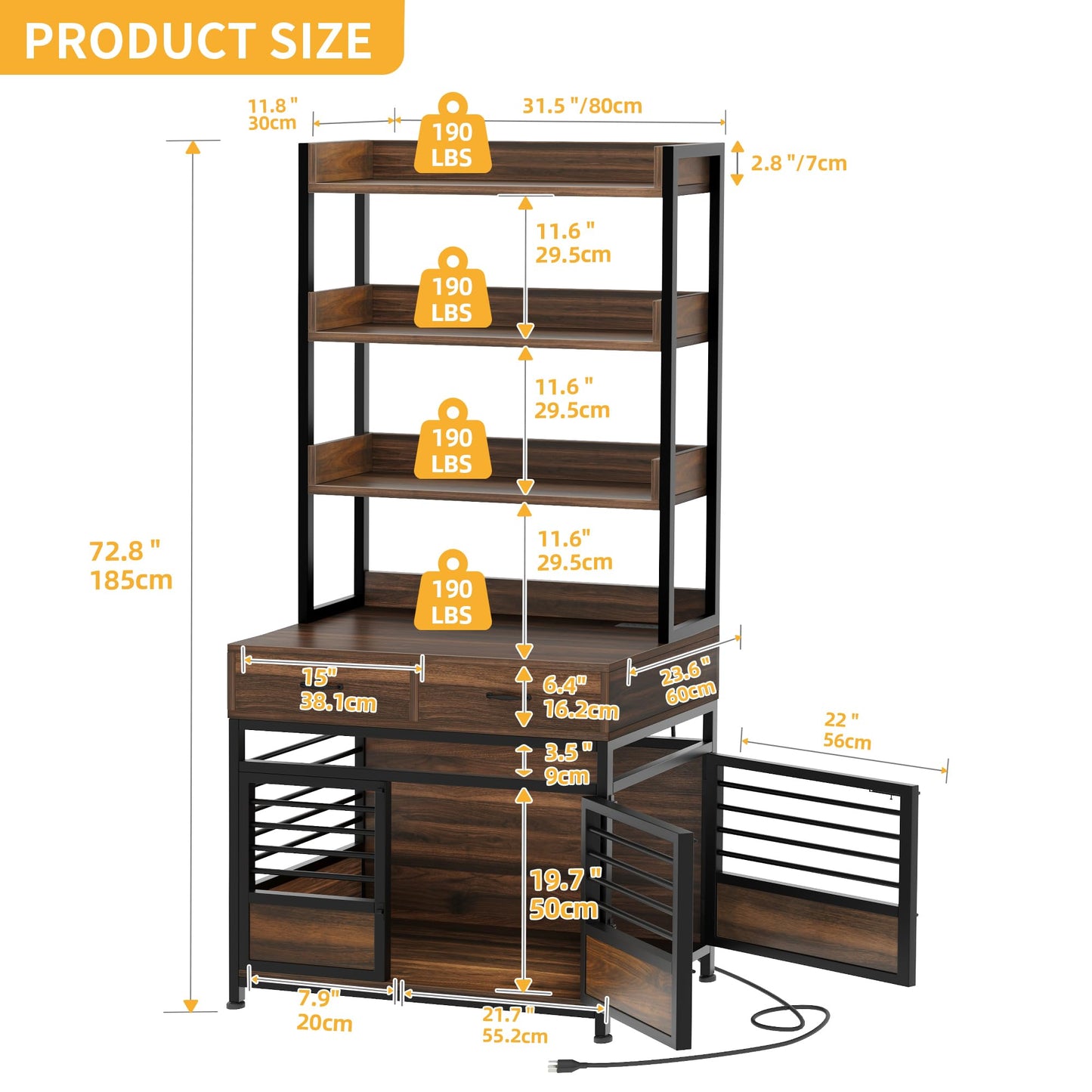 DWVO Dog Crate Furniture with Storage Shelves, Heavy Duty Dog Crate with Drawers & Charging Station, 32 Inch Dog Kennel Indoor Furniture for Medium Dogs, Modern Dog Crate with Double Doors, B - WoodArtSupply