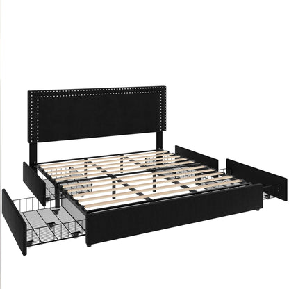 VECELO King Size Upholstered Platform Bed Frame with 4 Storage Drawers, Adjustable Velvet Rivet Decor Headboard, Wooden Slats Support, No Box Spring Needed, Easy Assembly