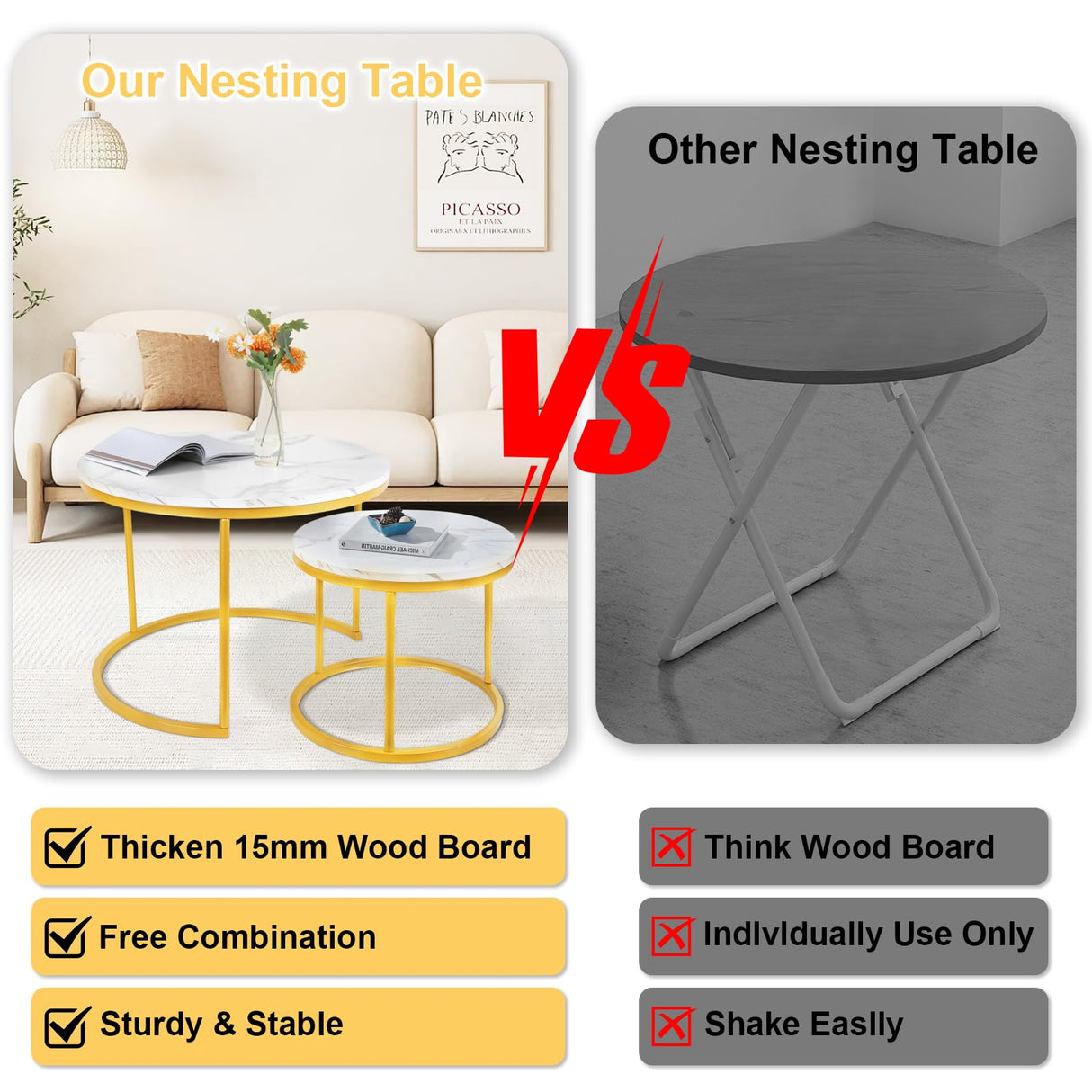 Round Nesting Coffee Tables Set: White Gold Marble Nesting Coffee Table Set of 2 - Modern Metal Stacking Side Table for Living Room Small Spaces Paradmas