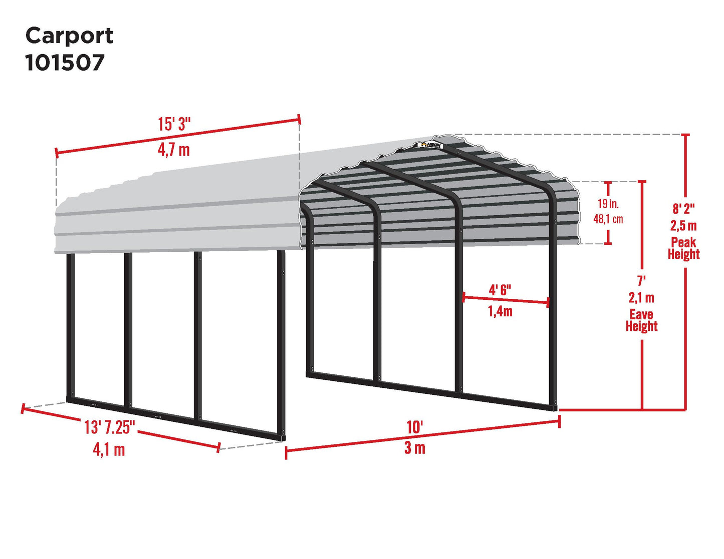 Arrow Shed CPHC101507 Heavy Duty Galvanized Steel Metal Multi-Use Shelter, Shade, Carport, 10' x 15' x 7'