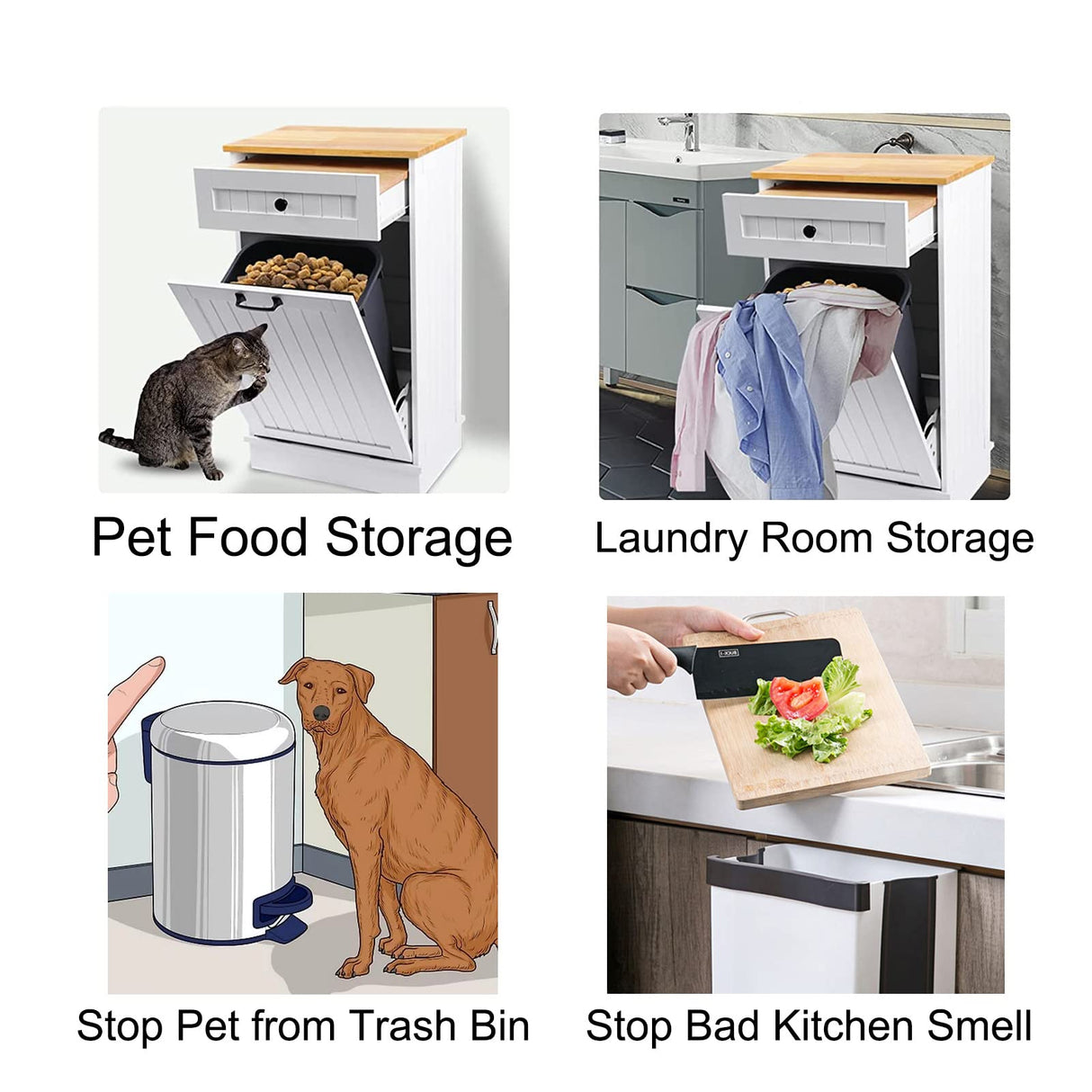 Trash Cabinet Tilt Out Freestanding, Pet Proof Kitchen Trash Cabinet Laundry Hamper with Cutting Board, Wood Garbage Recycling Station Hideaway Trash Holder Drawers (1, White) Gitua