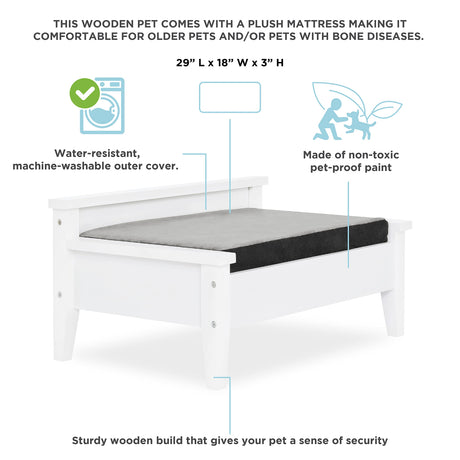 TailZzz Wooden Dog Bed with Water-Resistant Mattress, Small to Medium Elevated Pet Bed with Calming Pet Mattress, Greenguard Gold Certified, Modern Dog Couch, Winston, White TailZzz
