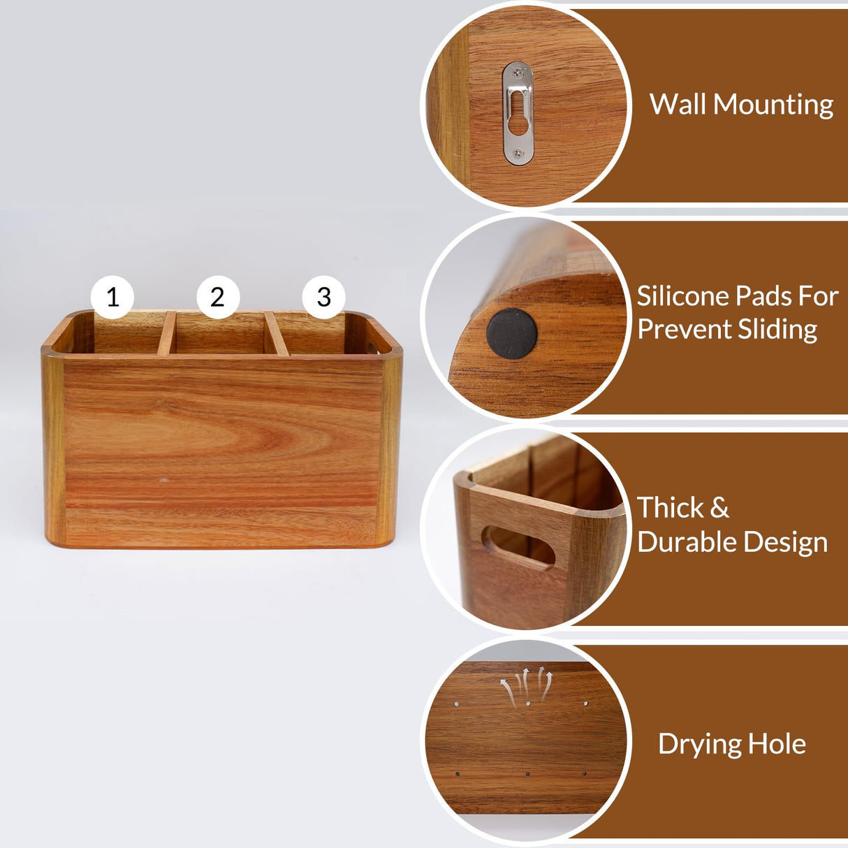 Wooden Kitchen Utensil Holder Organizer for Counter or Countertop, Large Wooden Utensil Holder for Storage Cooking and Silverware with 3 Compartment, Acacia Rustic Wood Container Extra Large Liberal Brightdeer