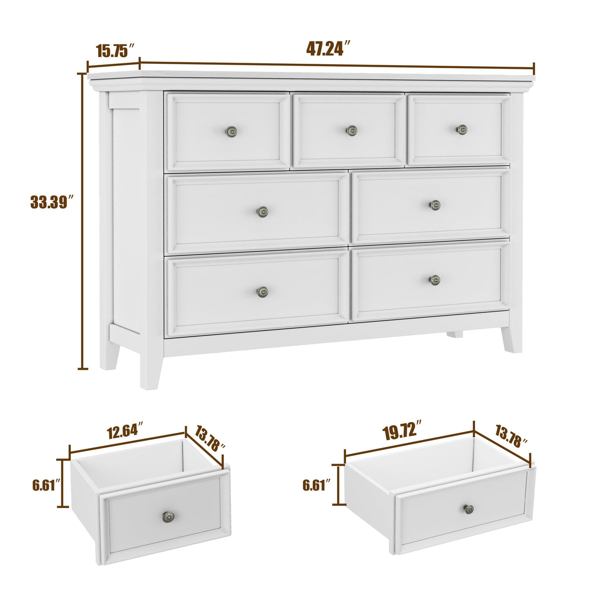 BOSHIRO White Dresser for Bedroom, White 7 Drawers Dresser, Modern 7 Chest of Drawers, Closet Dresser, Farmhouse Dresser with 7 Storage Drawers Cabinet for Home Office, Study Room BOSHIRO