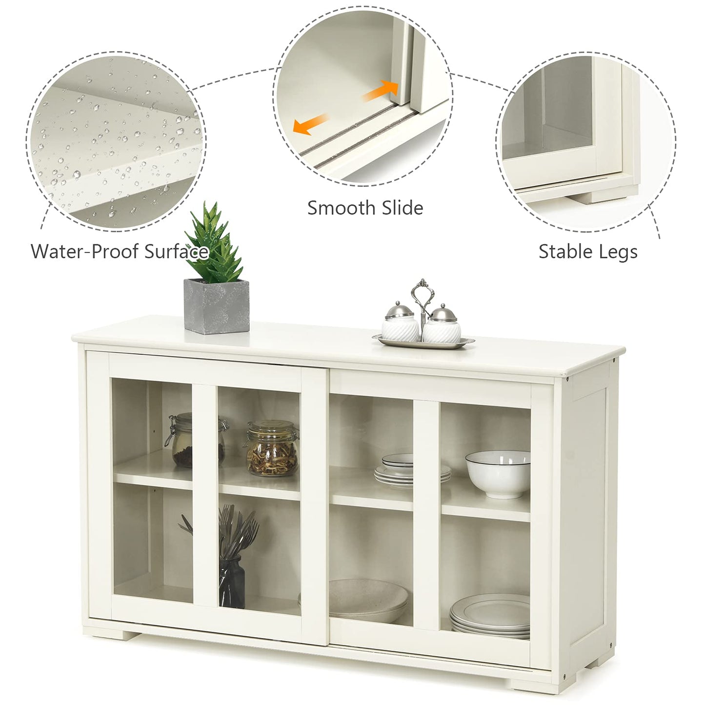 Costzon Cream White Sideboard Cabinet, 42"L x 13"W x 24.5"H, With Sliding Door Window, Wooden Cupboard Server Buffet Console Table for Home Dining Room Entryway