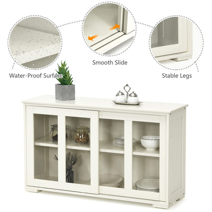 Costzon Cream White Sideboard Cabinet, 42"L x 13"W x 24.5"H, With Sliding Door Window, Wooden Cupboard Server Buffet Console Table for Home Dining Room Entryway