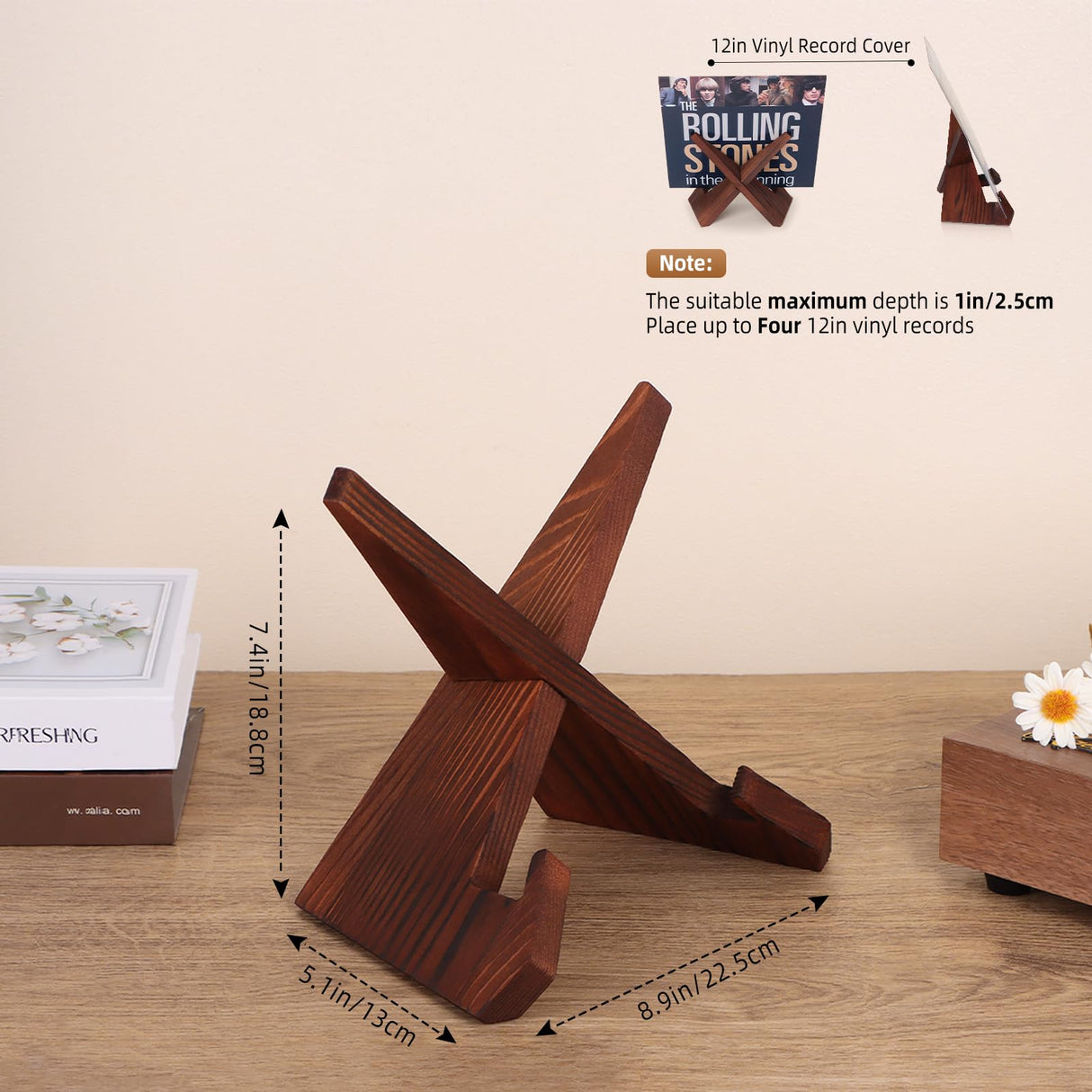 PUERSI Now Playing Vinyl Record Stand, Wooden Display Vinyl Holder Stand, Retro Now Spinning Record Accessories - Rustic Brown PUERSI