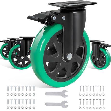 6 Inch Caster Wheels, Casters Set of 4 Heavy Duty, BZOLIHEU Locking Casters, Silent Top Plate Swivel Casters with Brake, Polyurethane Green Castor Wheels for Furniture and Workbench Cart BZOLIHEU