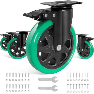 6 Inch Caster Wheels, Casters Set of 4 Heavy Duty, BZOLIHEU Locking Casters, Silent Top Plate Swivel Casters with Brake, Polyurethane Green Castor Wheels for Furniture and Workbench Cart