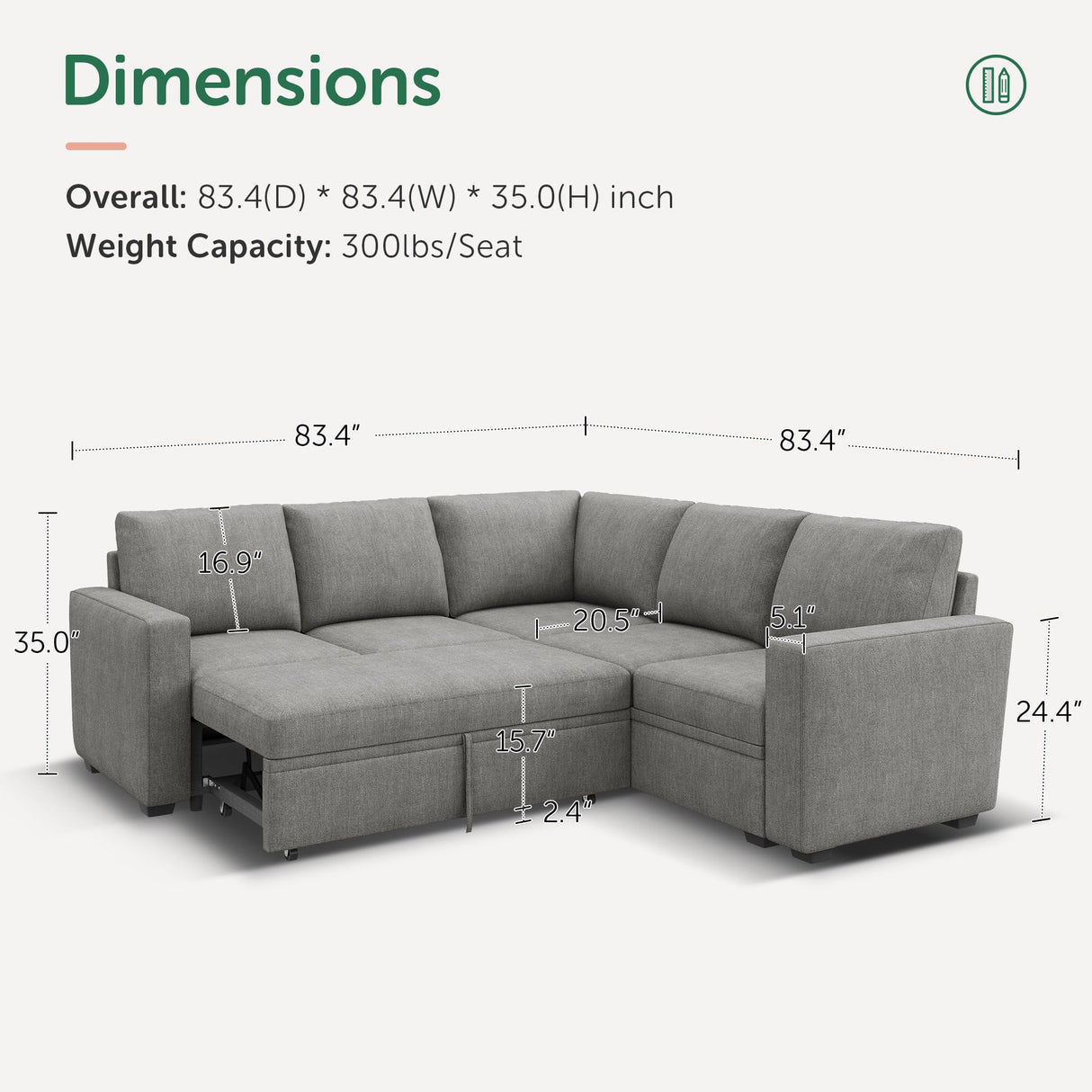 HONBAY Modular Sectional Sleeper Sofa with Pull Out Bed, Chenille L Shaped Couch with Storage Seats, Convertible Sectional Couches for Living Room, Warm Grey HONBAY