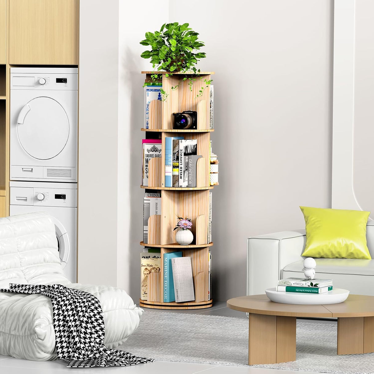 Rotating Bookshelf Tower – 4 Tier Wooden Book Shelf, Small Narrow Spinning Bookcase for Kids Rooms, Corner Bookshelf Organizer for Kids Books and Home Storage Kinembold