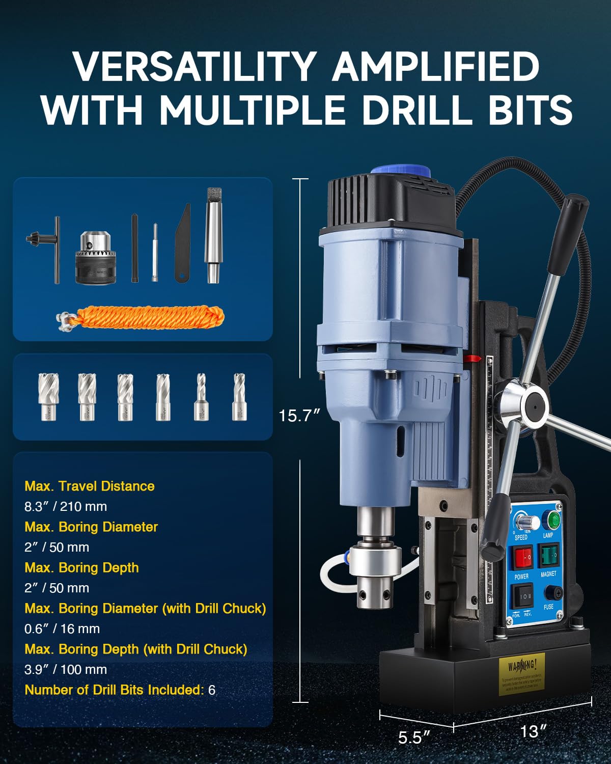 ZELCAN Magnetic Drill Press with 6 Drill Bits, 1550W Mag Drill Press with 2" Dia. 3125 lbf/13900N Mag Force, 650 rpm Power Magnetic Drill with Stepless Speed & Reversible Direction for Metal Surface ZELCAN