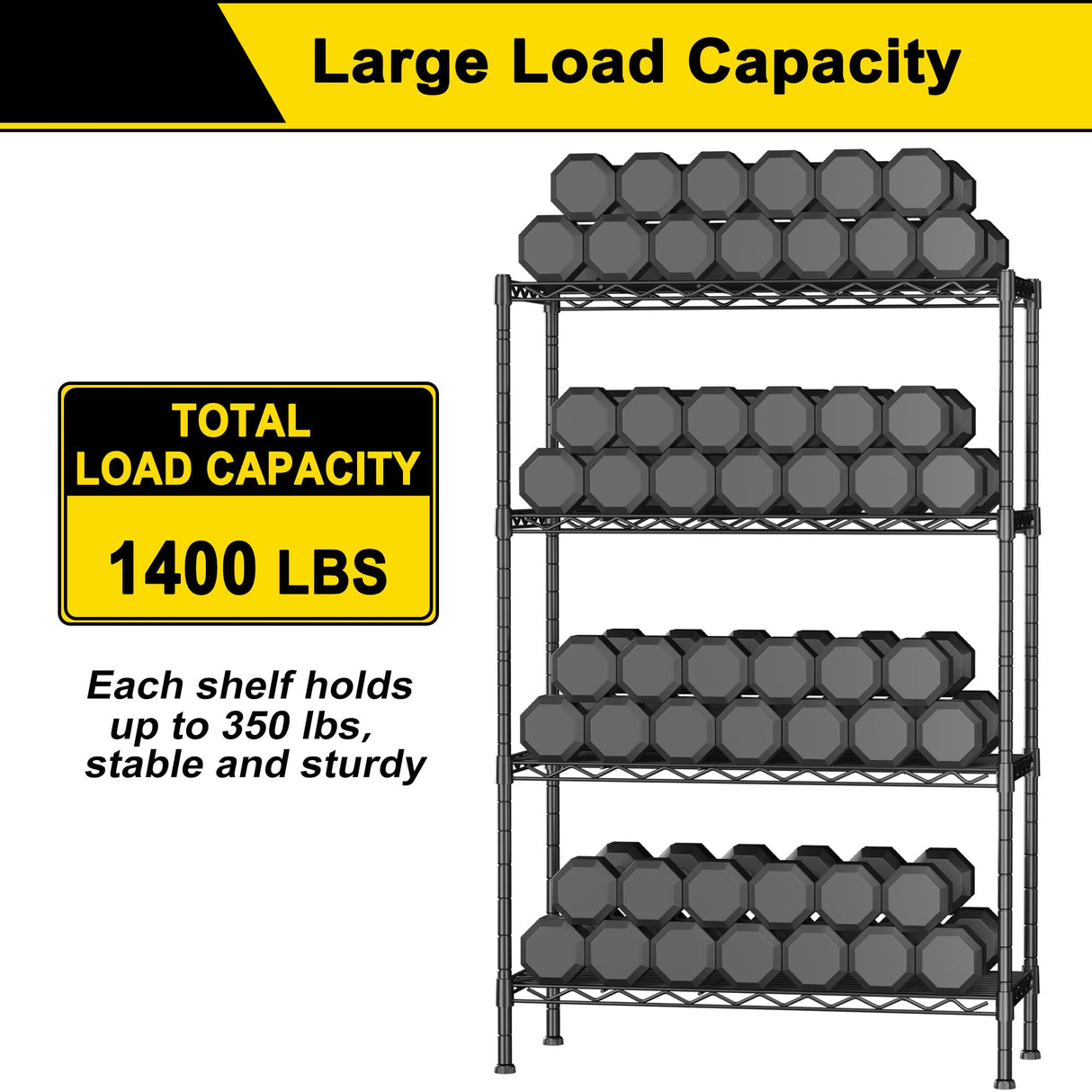 GIOTORENT 4-Wire Garage Shelving Storage Shelves, Metal Shelf Organizer 1400Lbs Capacity, Kitchen Storage Adjustable Shelf for Laundry Bathroom Pantry Closet, Black 36.2''L x 14''W x 53.4''H GIOTORENT