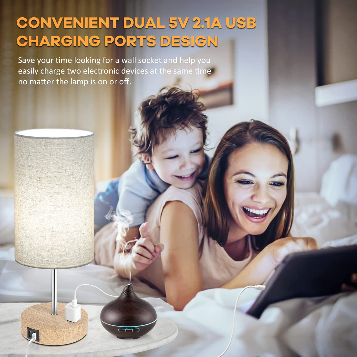 Bedside Table Lamps with 2 USB Charging Ports & AC Outlet, Set of 2 Touch Control Wooden Base Nightstand 3-Way Dimmable Lamps with Beige Fabric Shade for Bedroom, Living Room, A19 E26 Bulbs Included Brightever
