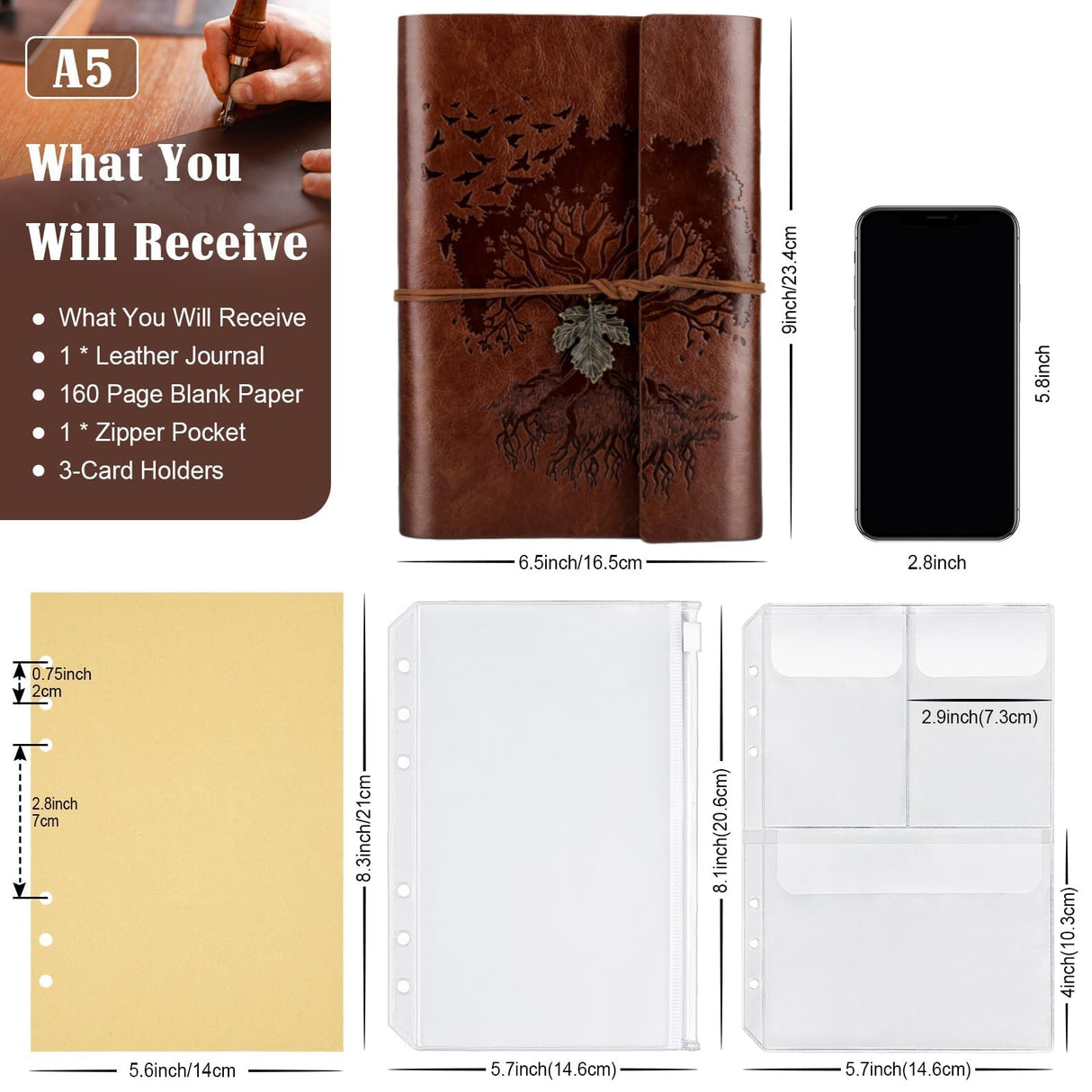 Leather Journals Notebooks with Blank Pages, Vintage Refillable Journal for Writing, Personal Travel Diary Art Sketchbook to Write in, Gifts for Women, Men, Teen Girls and Boys, 160 Pages A5 (Brown) OMEYA