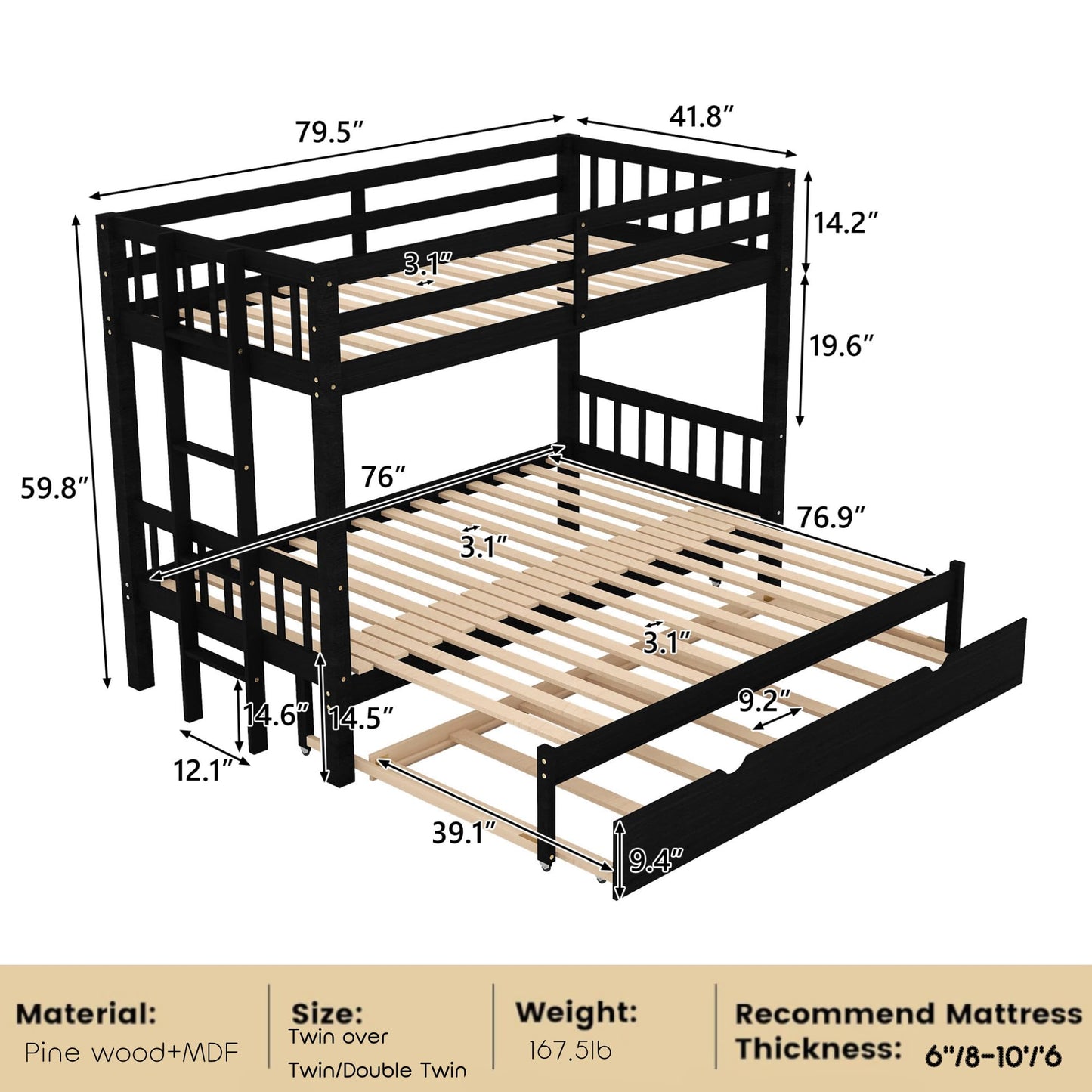 Twin Over Twin/King Bunk Beds with Trundle, Twin Over Pull-Out bunk Bed Accommodate 4 People for Kids, Adult, Extendable Bunk Beds with Ladder and Safety Rail,Espresso