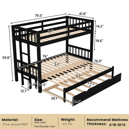 Twin Over Twin/King Bunk Beds with Trundle, Twin Over Pull-Out bunk Bed Accommodate 4 People for Kids, Adult, Extendable Bunk Beds with Ladder and Safety Rail,Espresso