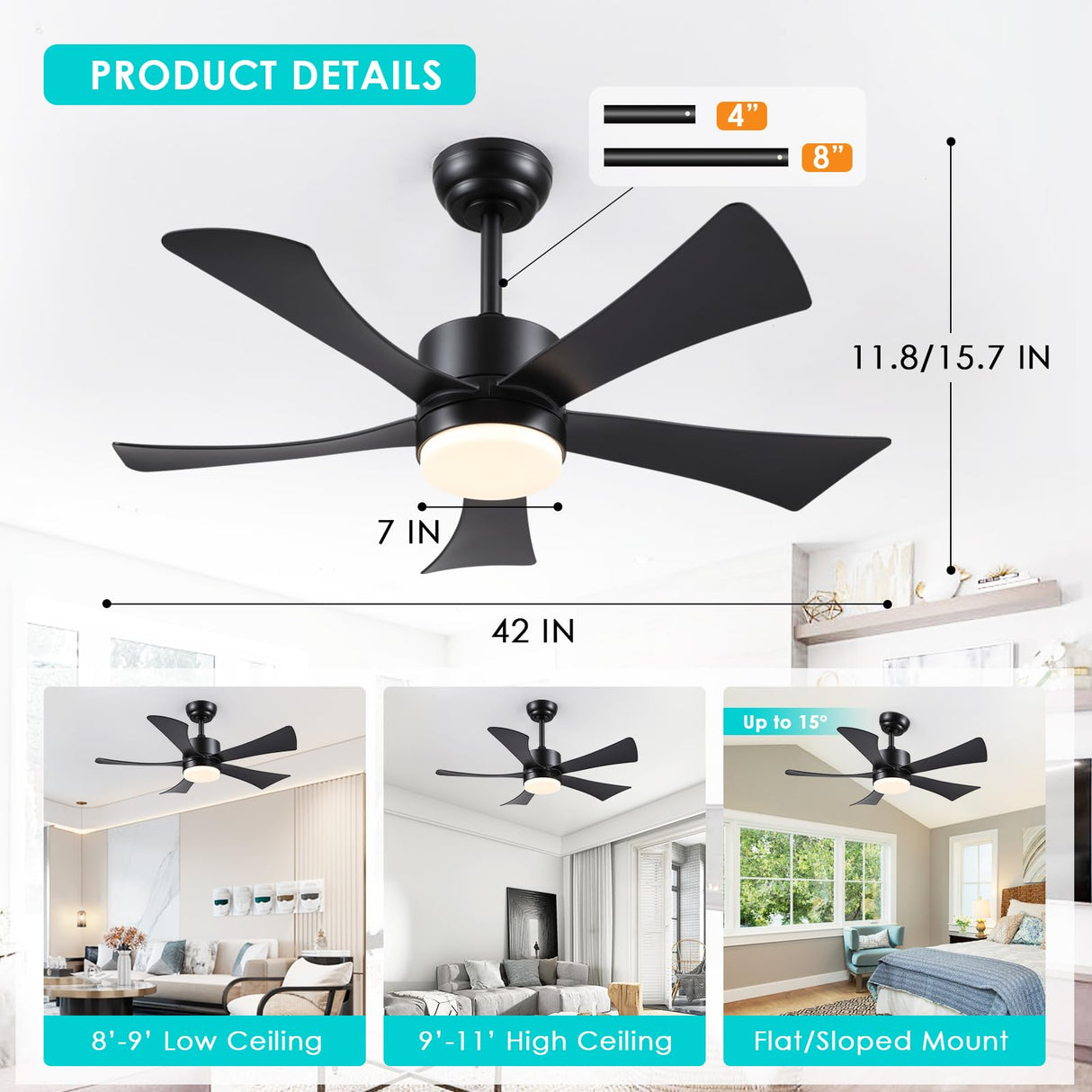 42 inch Ceiling Fans with Lights, Modern Black Ceiling Fan with Remote Control App, DC Motor Quiet, 3CCT Dimmable Memory, Led Sloped Flat Ceiling Fan with Light for Bedroom Indoor&Outdoor Patio BayDay