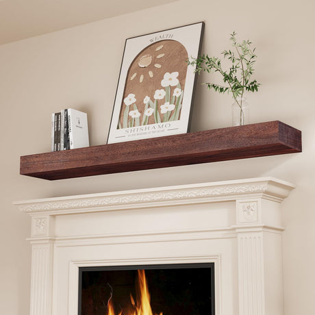 SAUMONIERES Fireplace Mantel Shelves 60 Inch Solid Wood Wall Mounted Long Floating Shelf Hollow, Brown SAUMONIERES