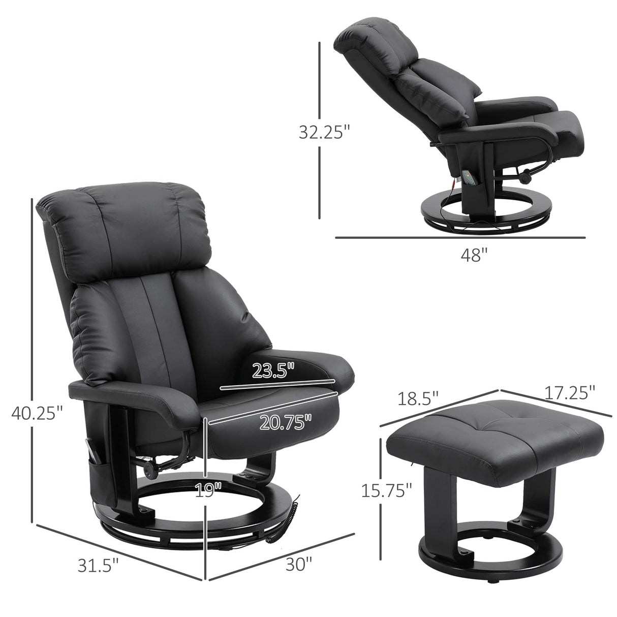 HOMCOM Massage Recliner Chair with Ottoman, 360° Swivel Recliner and Footstool, 10 Point Vibration, PU Leather Reclining Chair with Side Pocket and Remote Control, Black HOMCOM