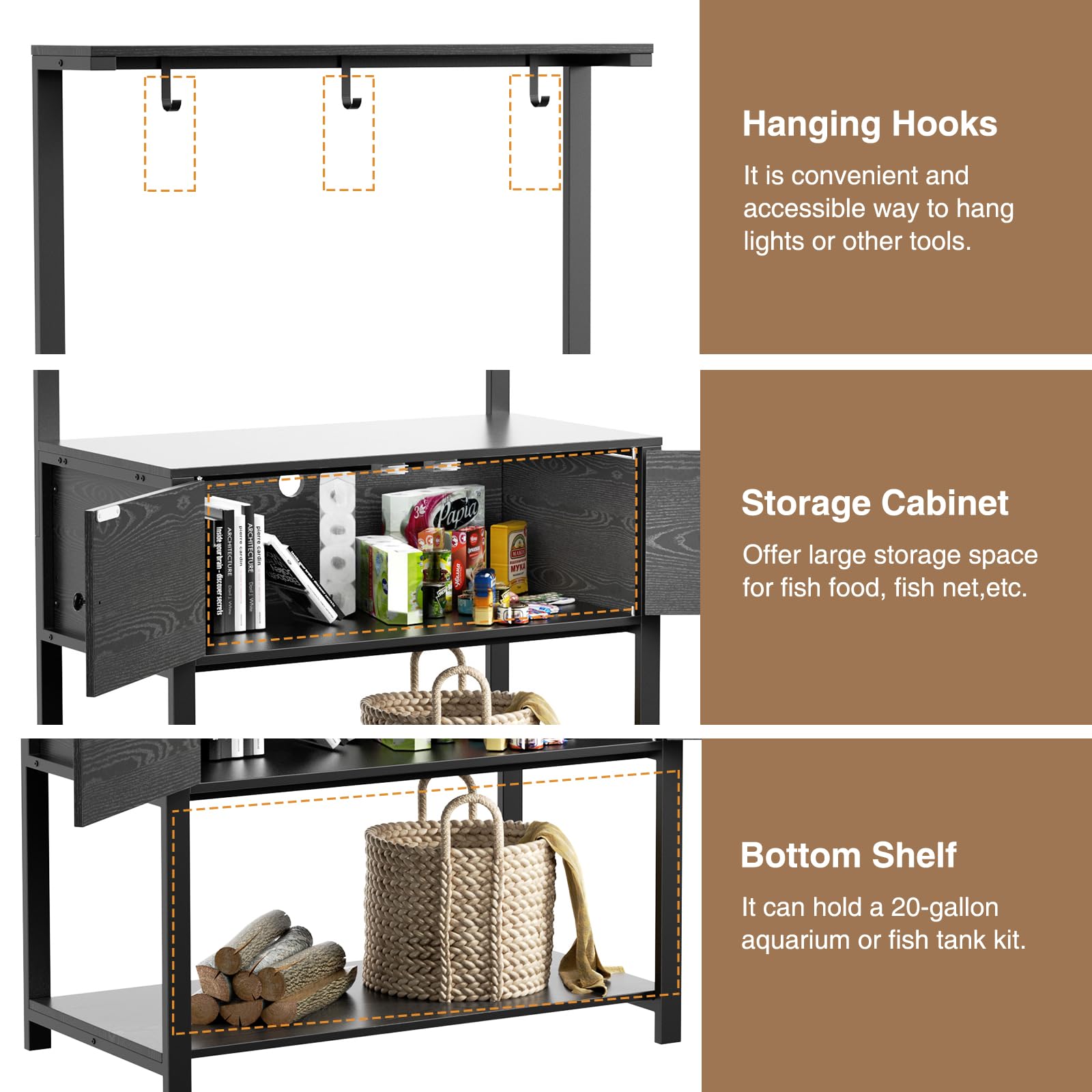 Fienveorn 40-50 Gallon Aquarium Stand with LED Light Power Outlets,Heavy Duty Metal Fish Tank Stand with Cabinet for Fish Accessories Storage,Turtle Reptile Terrariums Stand( Black ) - WoodArtSupply