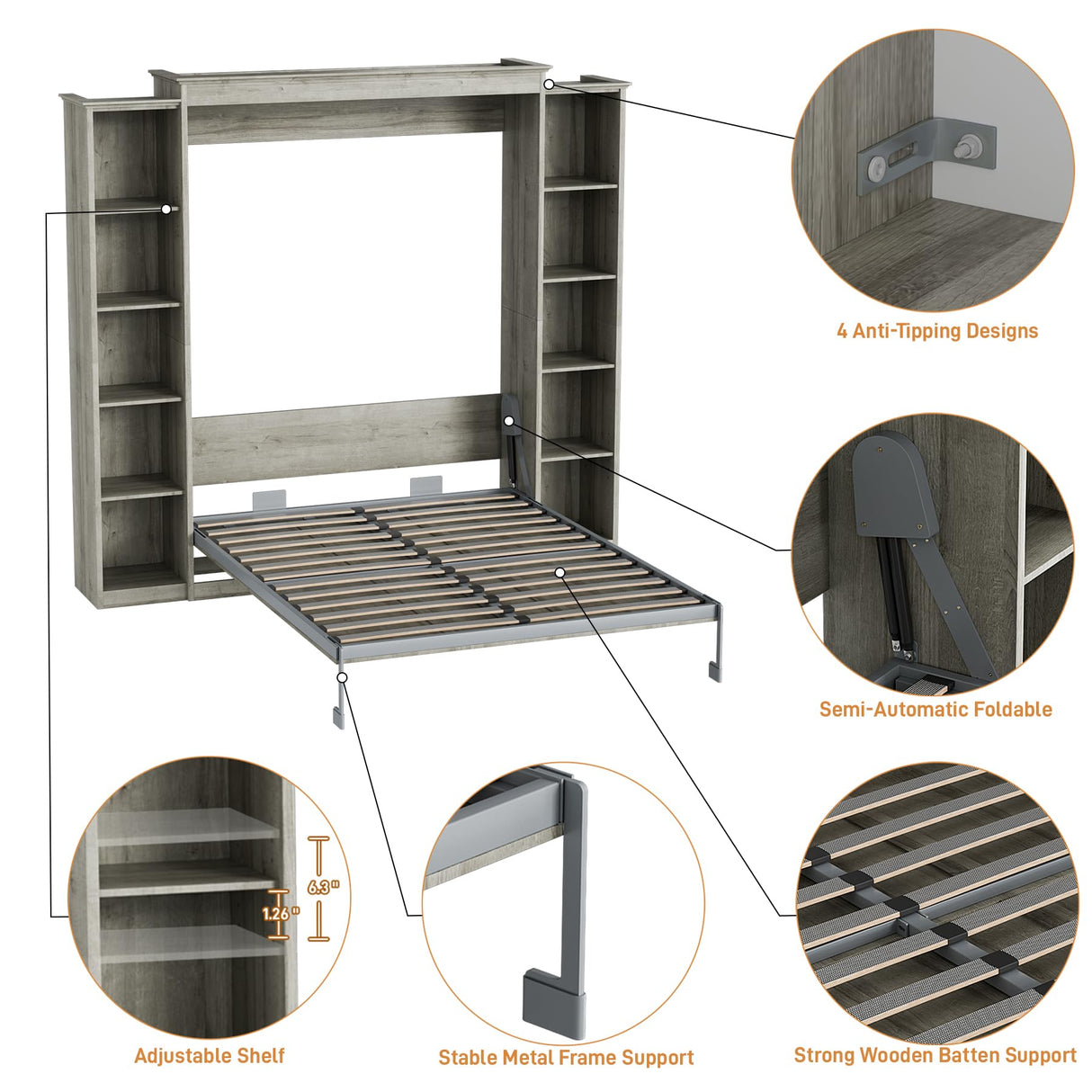 Rophefx Queen Murphy Bed Cabinet with 5-Tier Adjustable Storage Shelves, Queen Wall Bed Cabinet Bed, Wood Space Saving Beds, Foldable Platform Beds, Hidden Bedframe for Guest Room, Bedroom,Grey Rophefx