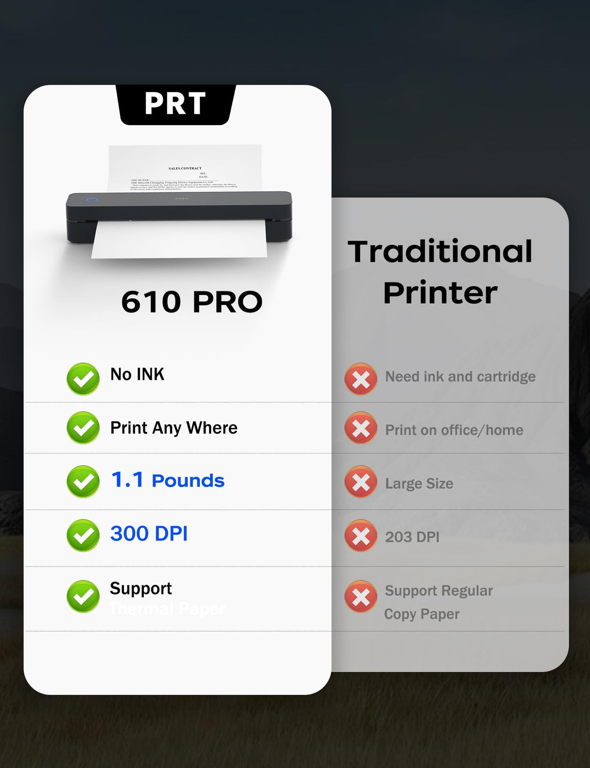 PRT Portable Printer Wireless for Travel, Small Compact Inkless Thermal Printer for Home Use, Office & Vehicles, Bluetooth Printer Supports 8.5" X 11" US Letter A4 A5, for iPhone, Android & Laptop PRT