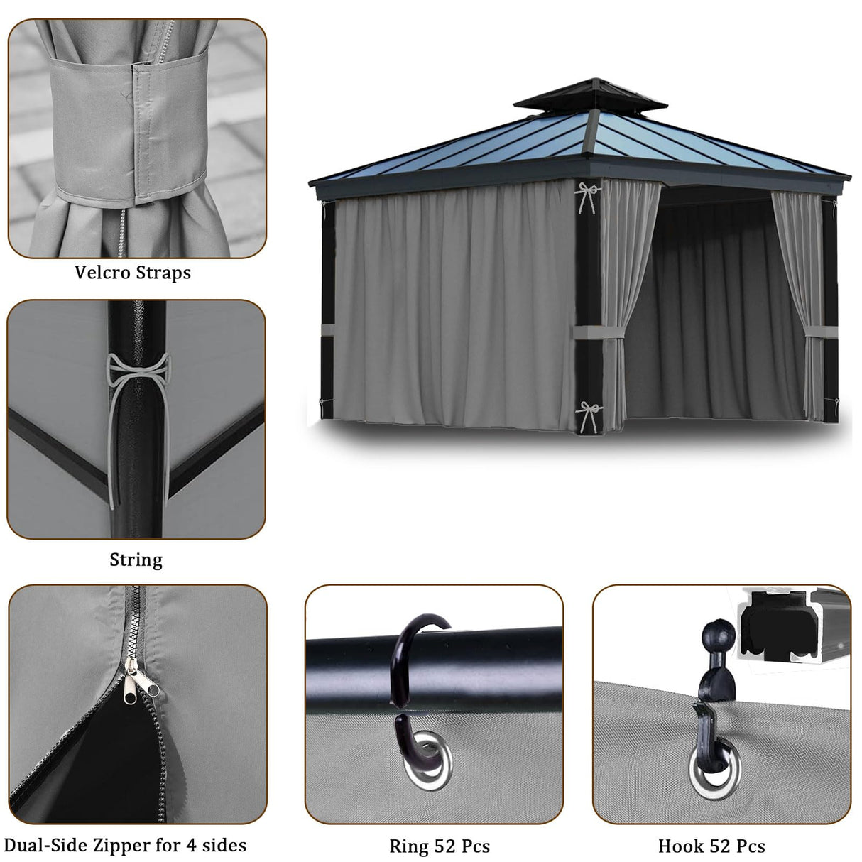 DURCOVER Gazebo Curtains 10x12ft,Privacy Replacement Sidewall 4-Panel Universal Shade Curtains Set,Protecting Side Walls (Only Curtain)-Silver DURCOVER