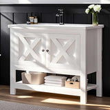 4ever2buy Farmhouse Bathroom Vanity with Sink, 35 Inch Bathroom Vanity Cabinet, Freestanding Vanity, 2 Doors and Open Shelf, Bathroom Cabinet with Ceramic Sink, White 4ever2buy