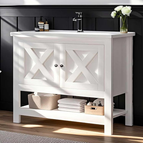 4ever2buy Farmhouse Bathroom Vanity with Sink, 35 Inch Bathroom Vanity Cabinet, Freestanding Vanity, 2 Doors and Open Shelf, Bathroom Cabinet with Ceramic Sink, White 4ever2buy