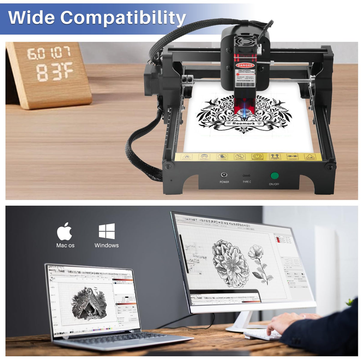 Roomark Laser Engraver Machine, 1.6W Output Laser Cutting Machine, Engraving Wood and Metal, 130 * 130mm Maximum Working Size, Laser Cutter and Engraver Machine Roomark